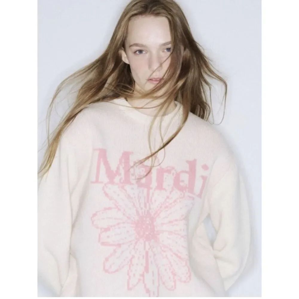 Mardi Mercredi Cashmere Crewneck Sweater Ivory Pink Flower ONE SIZE